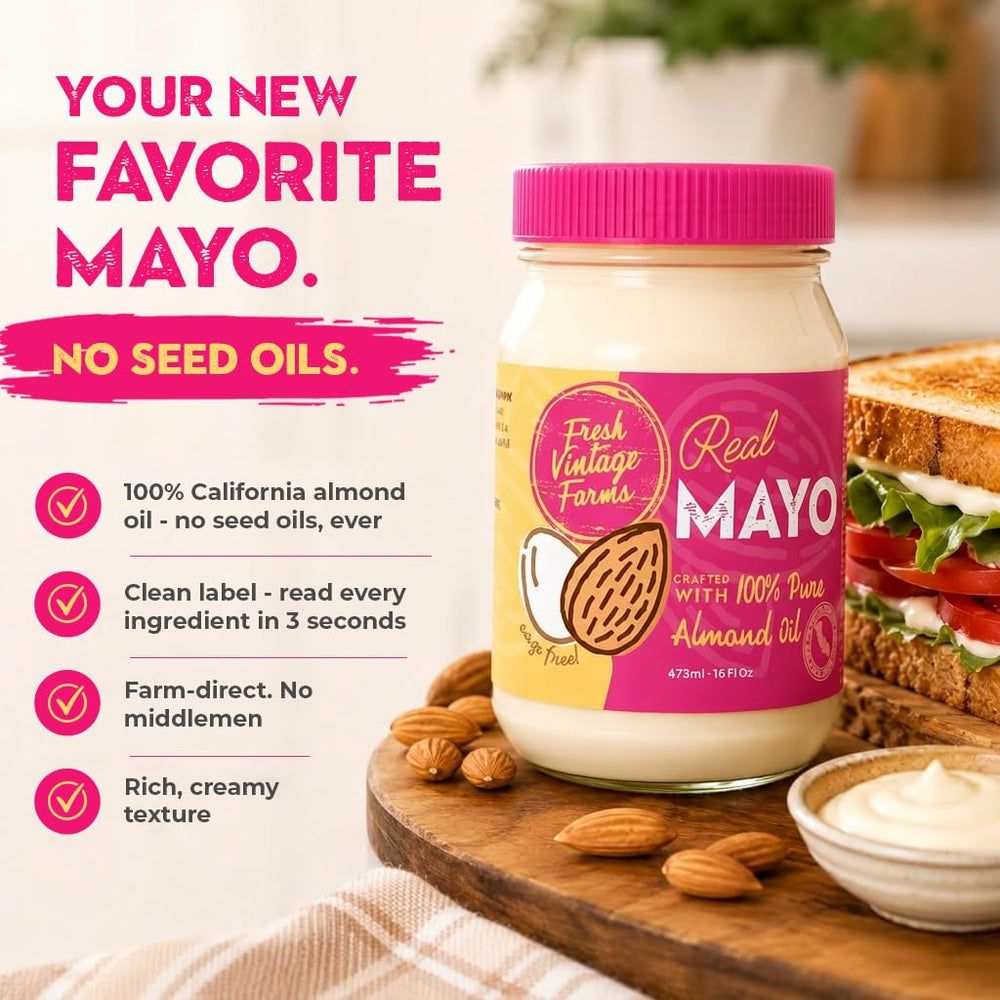Fresh Vintage Farms mayo jar in kitchen lifestyle scene showing everyday versatility