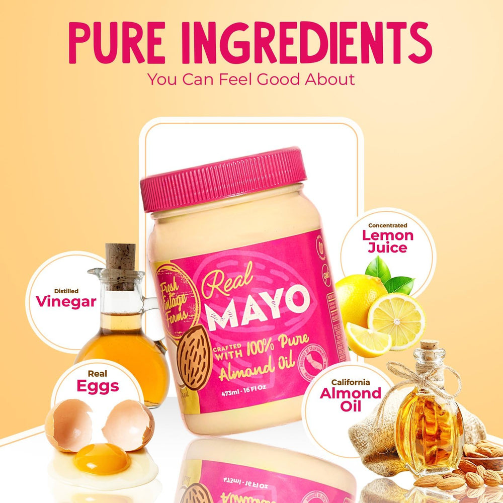 Fresh Vintage Farms ingredient layout with eggs and almonds showing simple recipes