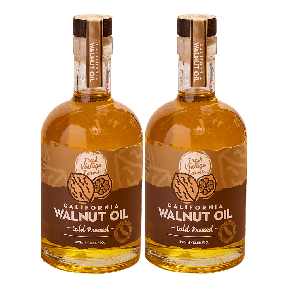 Fresh Vintage Farms front packaging shows two bottles, highlighting pantry-ready walnut flavor