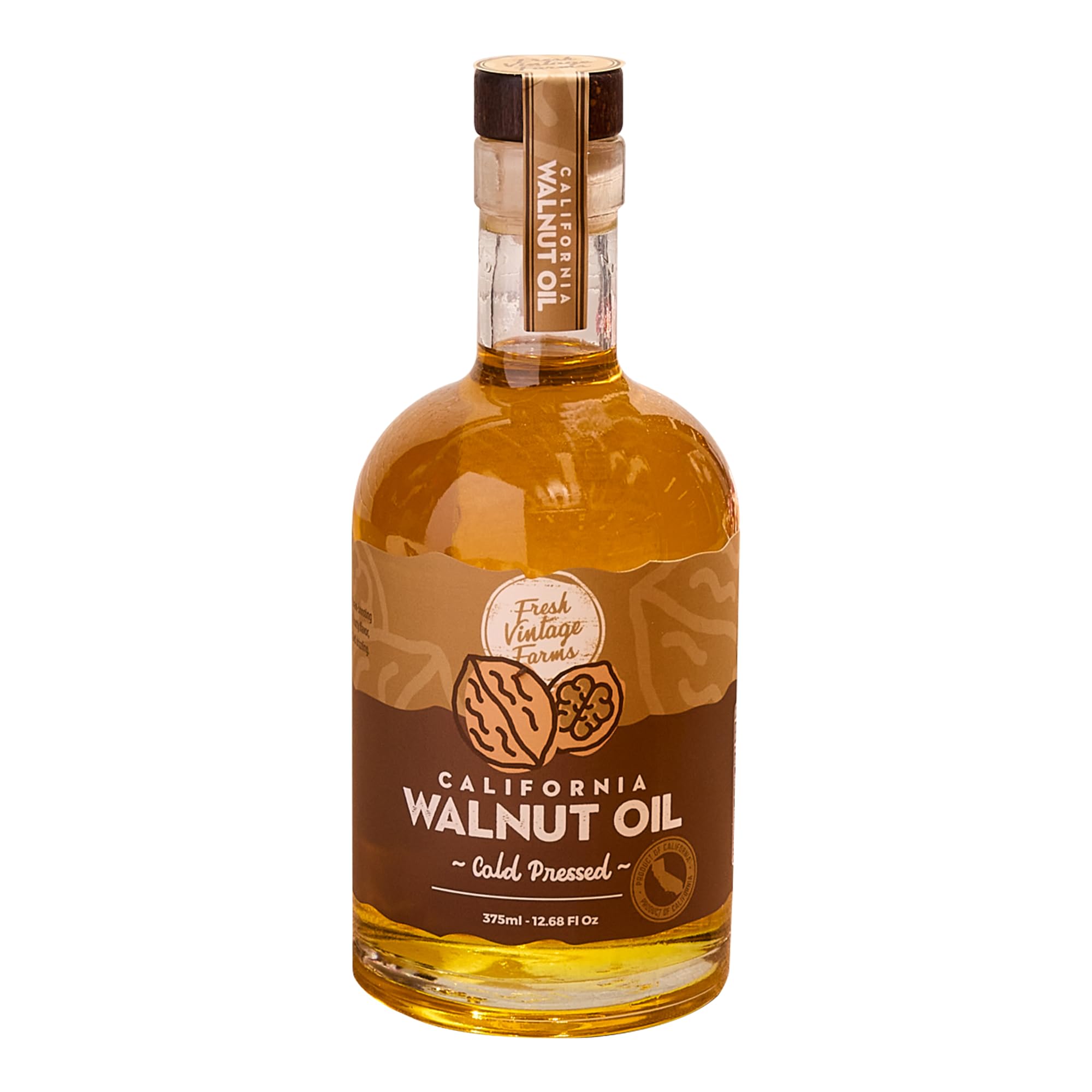 Fresh Vintage Farms front bottle view showing clear oil and label benefit: recognizable brand presentation