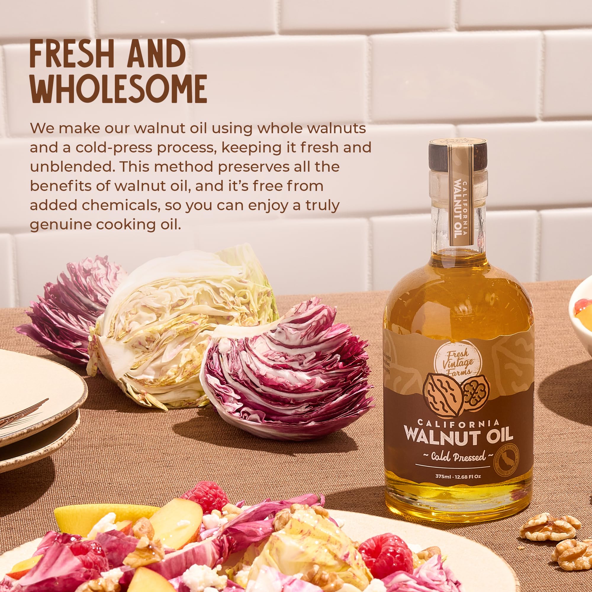 Fresh Vintage Farms oil blended into a salad dressing enhancing flavor and salad presentation