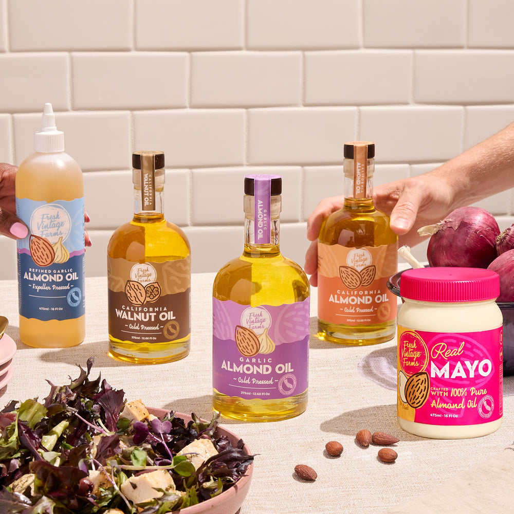 Fresh Vintage Farms open bottle beside walnuts, indicating natural ingredients and freshness