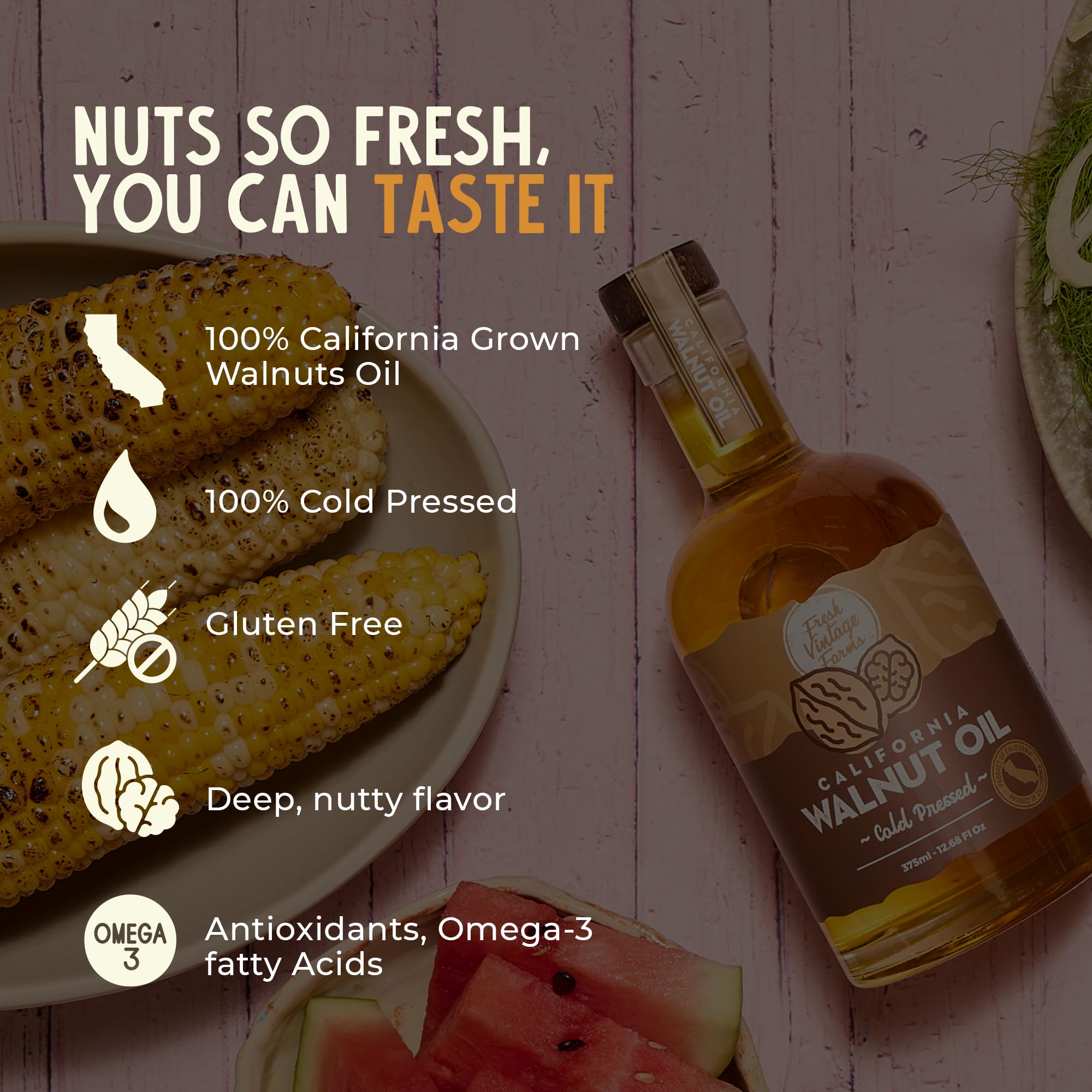 Fresh Vintage Farms walnut oil in spoon, showing rich texture and culinary versatility