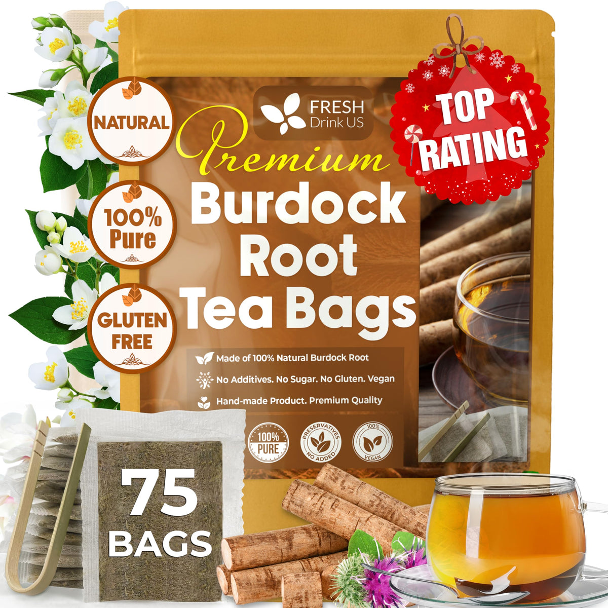 FRESHDRINKUS front packaging showing 75 burdock root tea bags and benefits