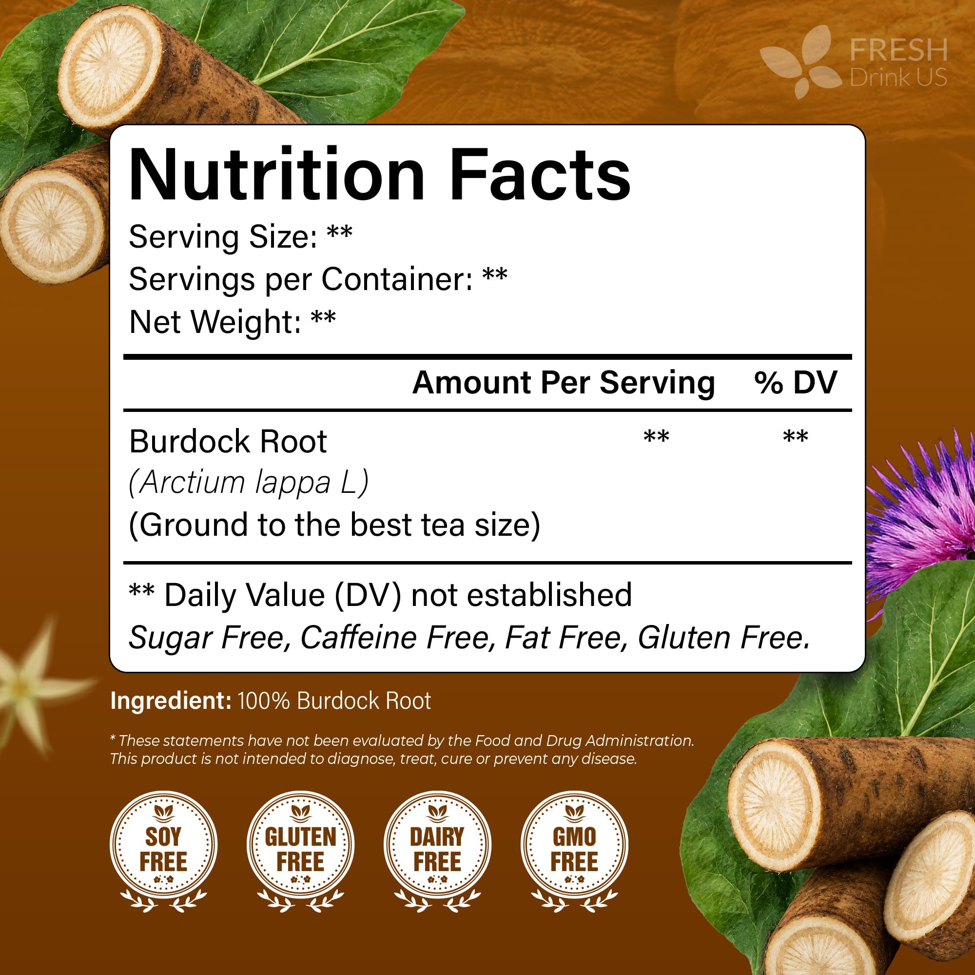 Close-up of a FRESHDRINKUS tea bag showing texture and pure burdock content