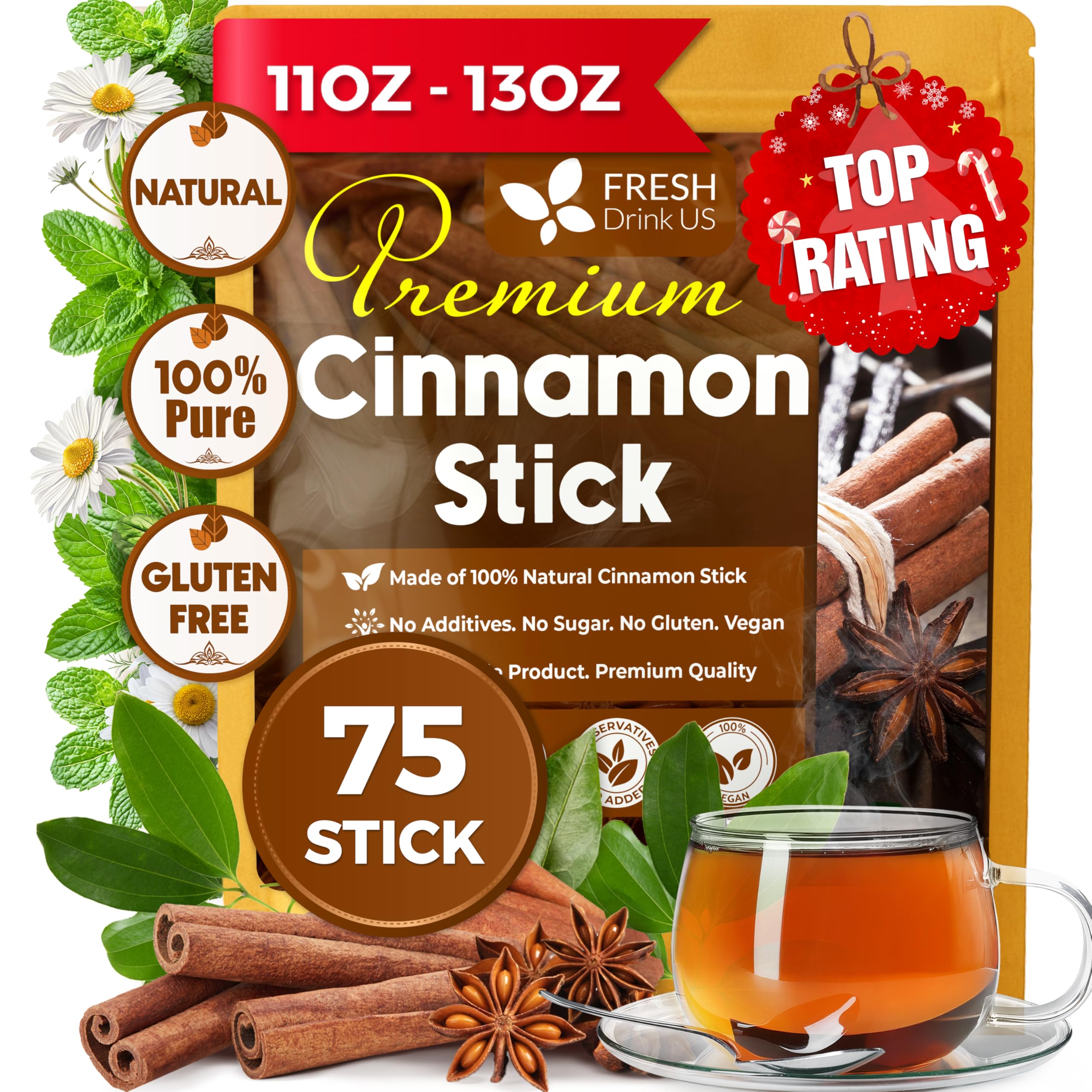 FreshDrinkUS front packaging showing 75+ cinnamon sticks and freshness