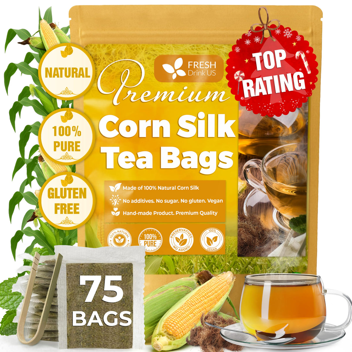 FRESHDRINKUS front packaging showing 75-count tea bags and product benefits