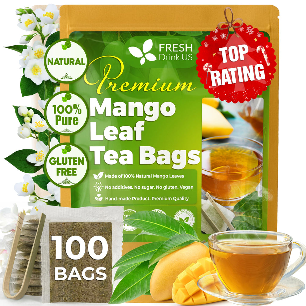 FRESHDRINKUS front packaging showing 100 mango leaf tea bags and resealable bag for freshness