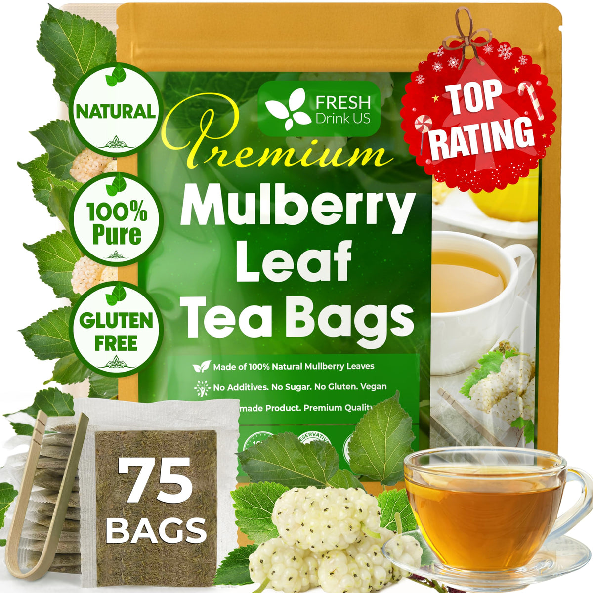 FRESHDRINKUS front packaging showing 75 biodegradable tea bags and product name