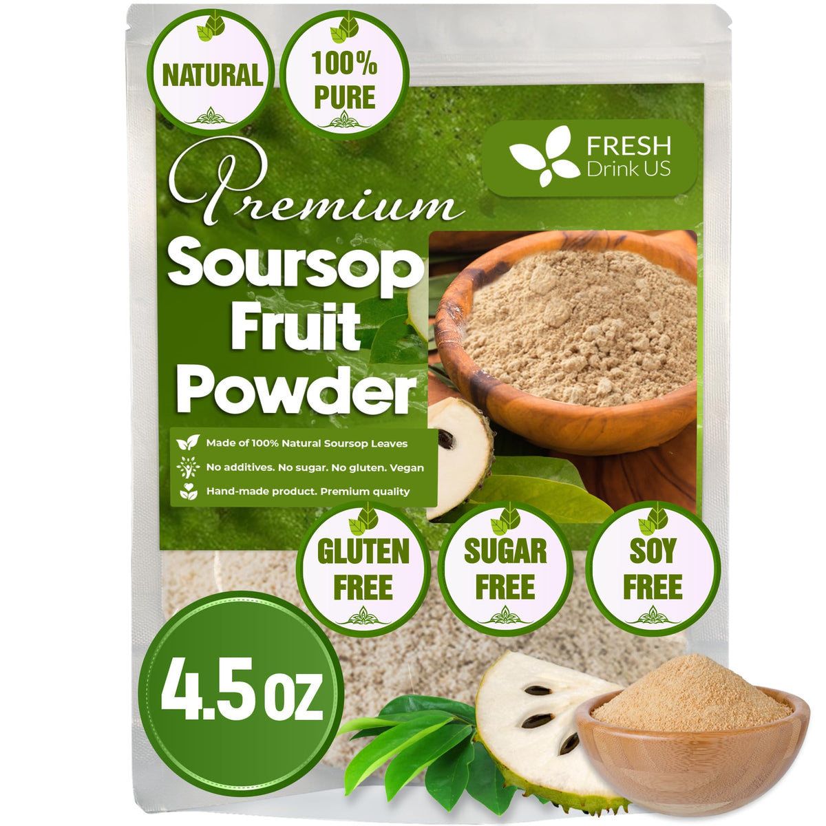 freshdrinkus front packaging showing 4.5oz pure soursop powder and benefits