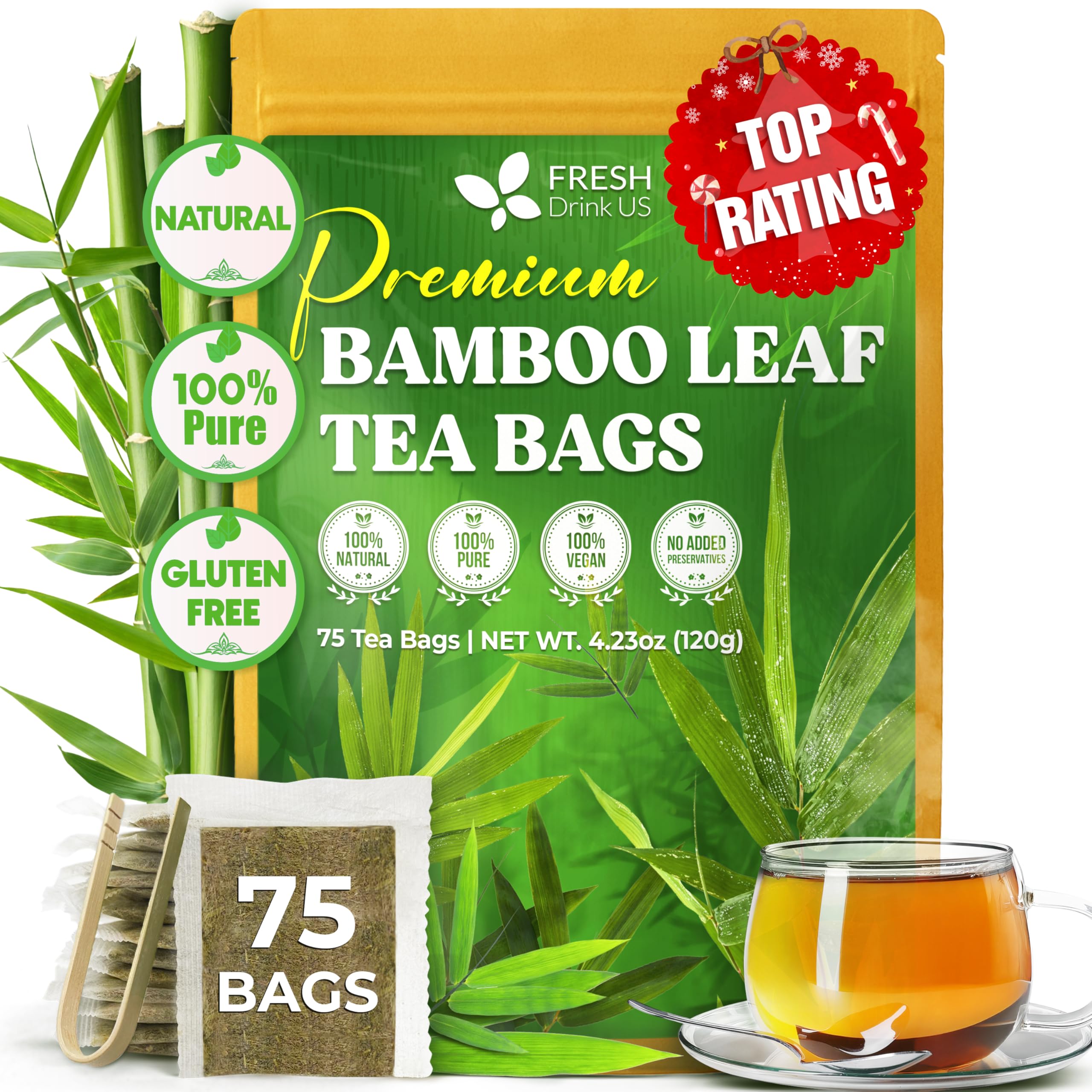 FRESHDRINKUS front packaging showing 75-count tea bags and clean branding benefit clarity