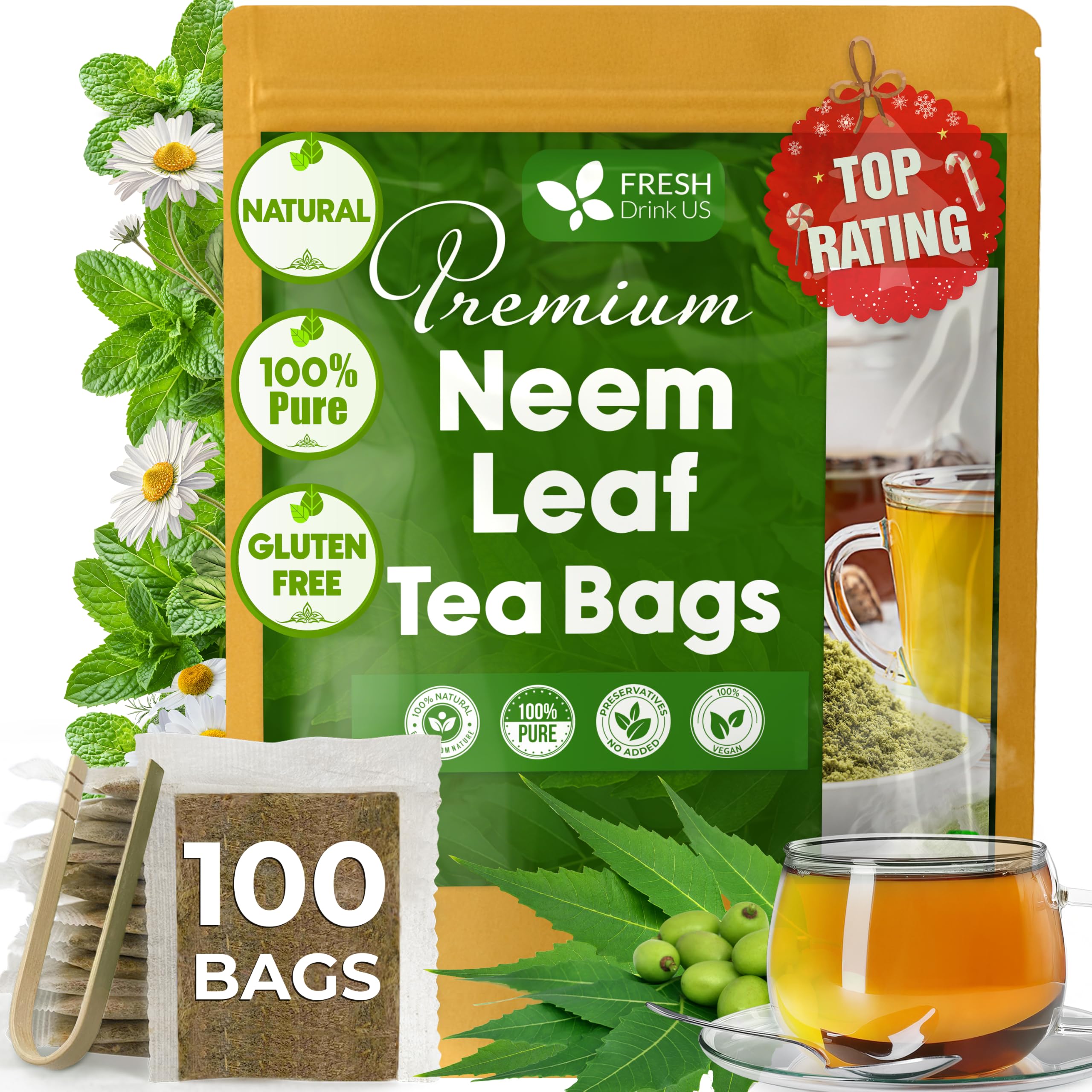 FreshDrinkUS front packaging showing 100 tea bags and product branding benefits