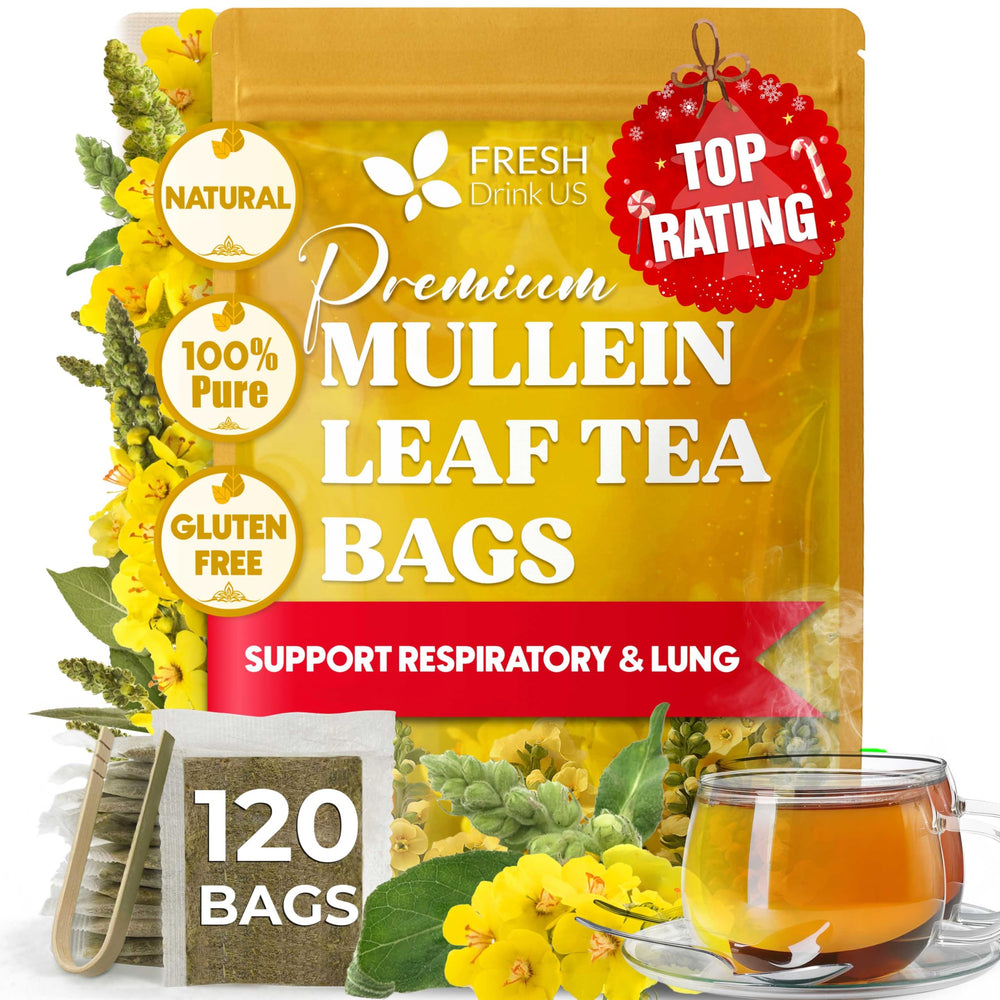 FRESHDRINKUS front packaging showing 120 mullein tea bags and brand clarity