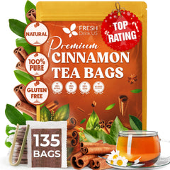 FRESHDRINKUS front pouch showing 135 cinnamon tea bags and clear labeling for convenience