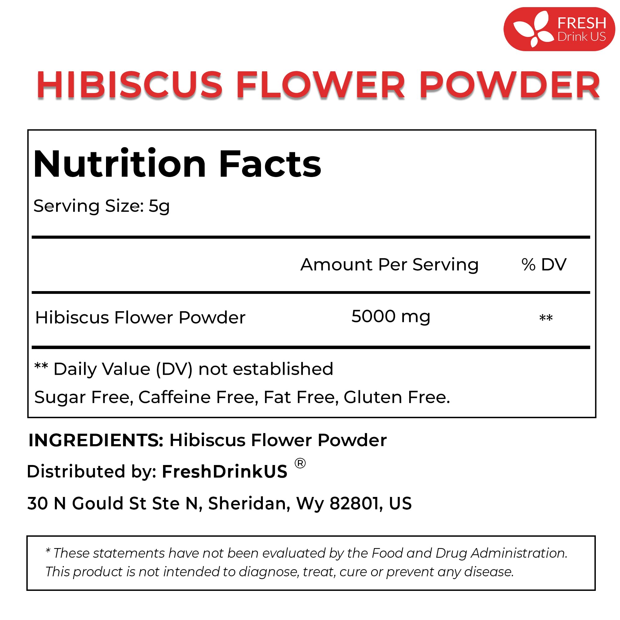 FreshDrinkUS ingredient label close-up showing 100% pure hibiscus and clean-label assurance