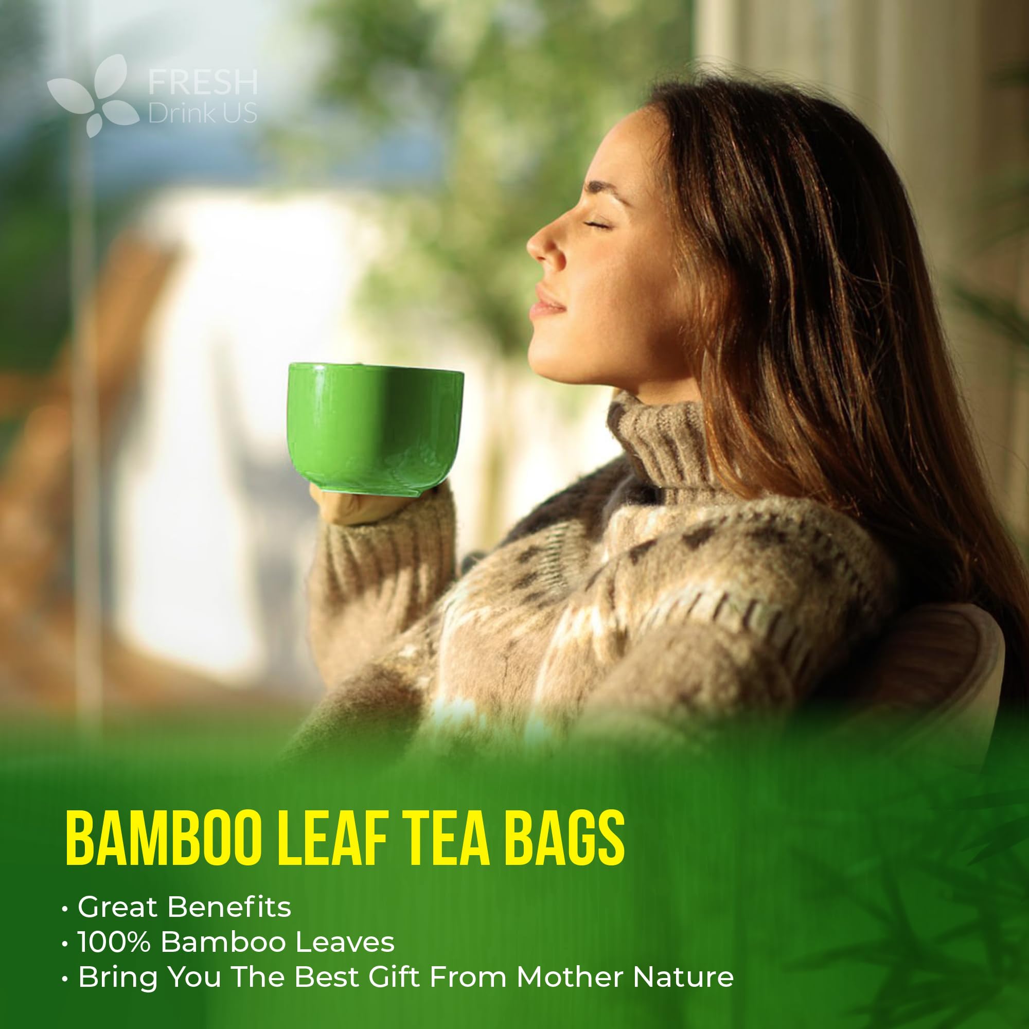 Close-up of FRESHDRINKUS ingredient label confirming 100% bamboo leaves and ingredient transparency benefit