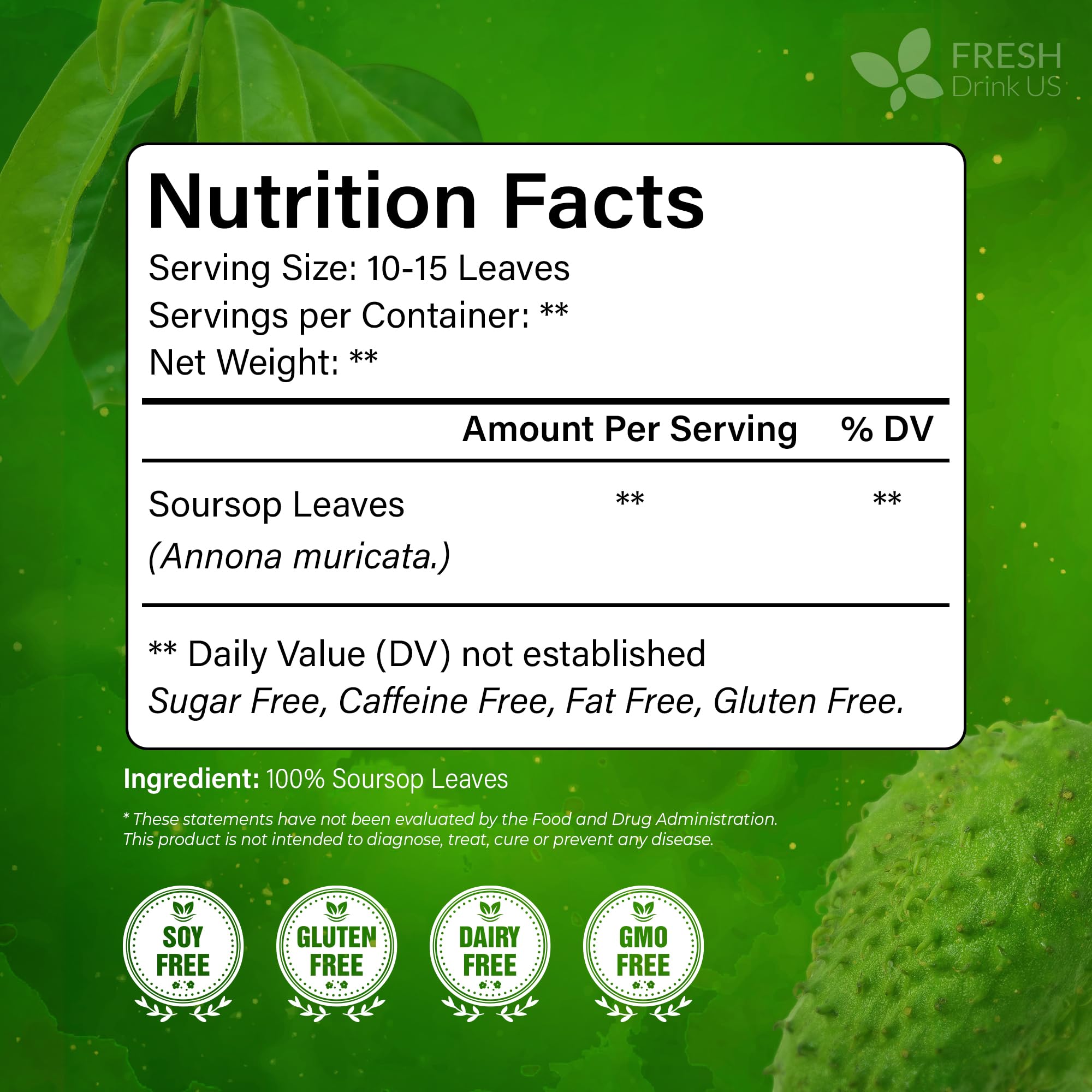 FRESHDRINKUS loose whole soursop leaves pile highlighting natural whole-leaf quality