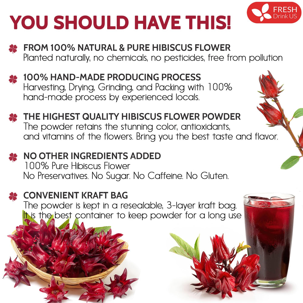 FreshDrinkUS open pouch with deep red hibiscus powder highlighting easy scooping and purity