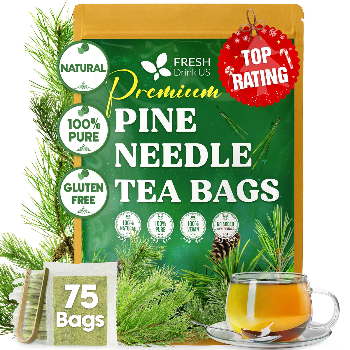 FRESHDRINKUS front packaging showing natural pine needle tea and freshness benefit