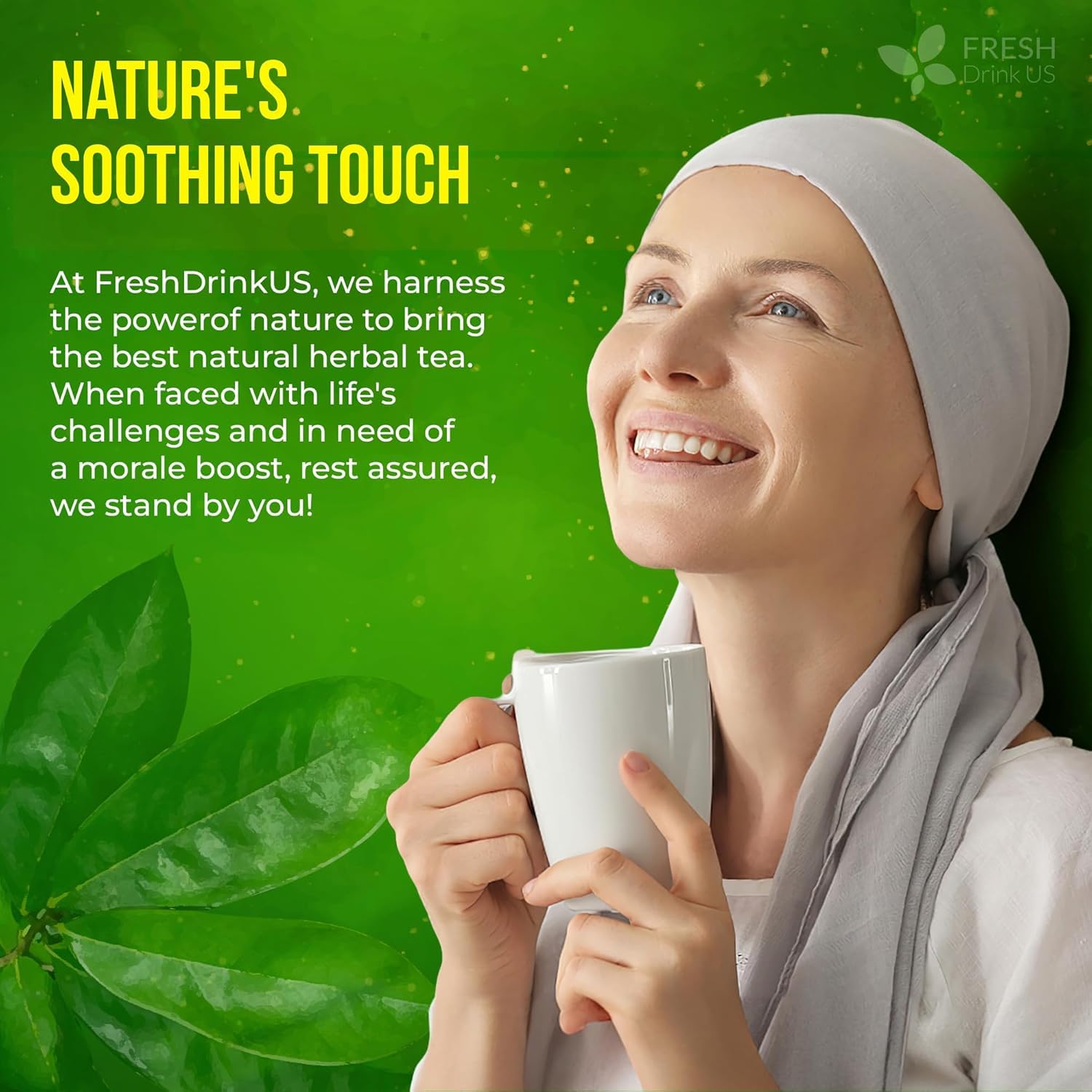 FRESHDRINKUS steeped cup with warm color showing calming, caffeine-free beverage