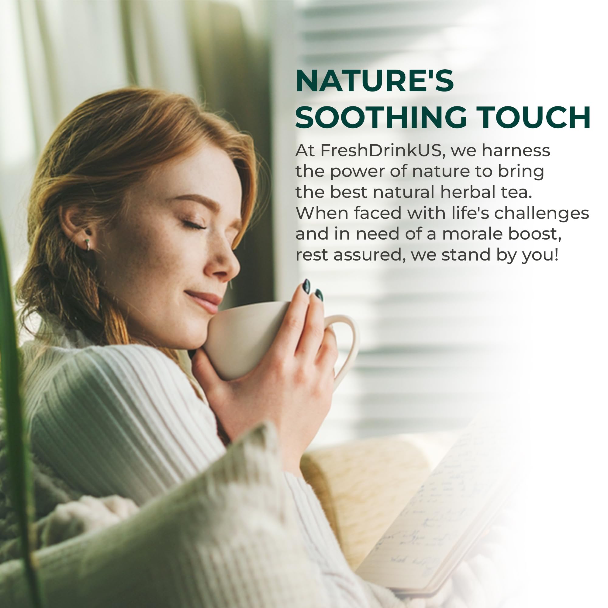 FRESHDRINKUS lifestyle scene of relaxed person sipping tea, conveys comforting ritual benefit