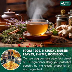 FRESHDRINKUS loose herbs detail with mullein and elderberry, shows natural ingredient quality