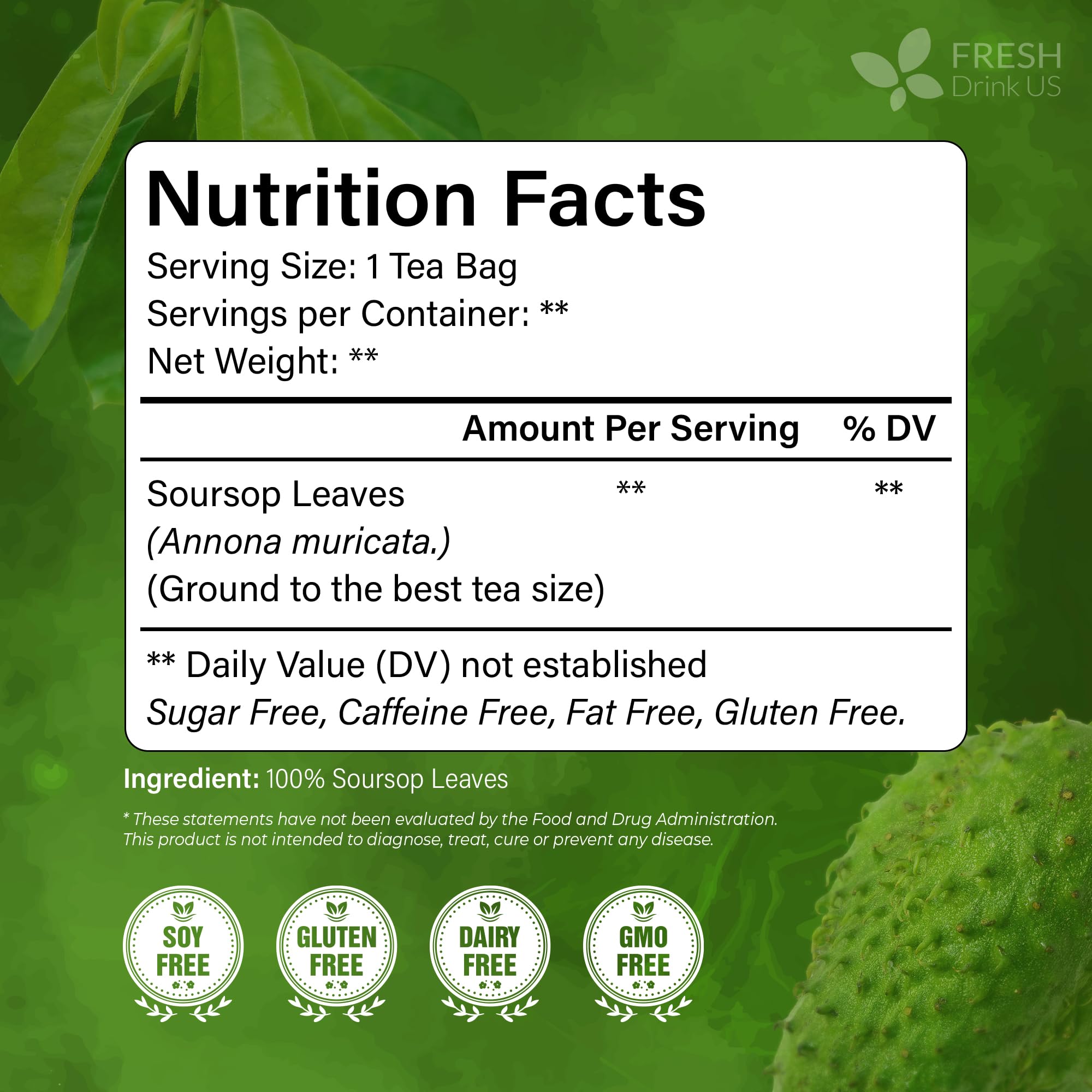 FreshDrinkUS tea bag close-up revealing fine ground soursop leaf texture and ease