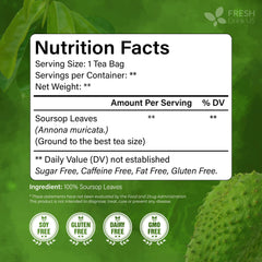 FreshDrinkUS tea bag close-up revealing fine ground soursop leaf texture and ease