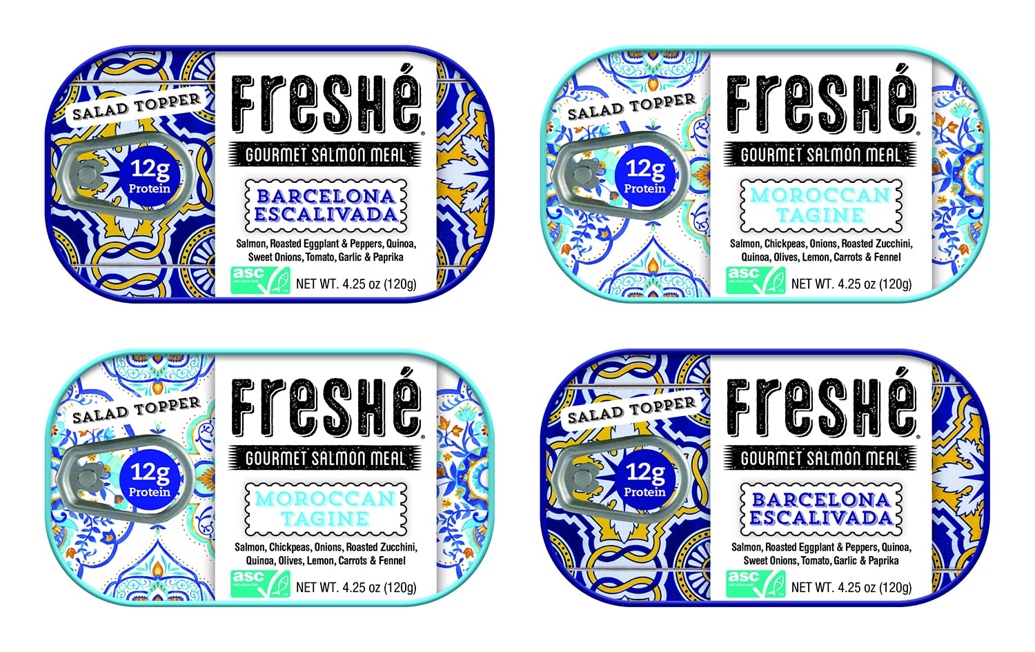 Freshé front packaging four-pack showing variety and portability benefits