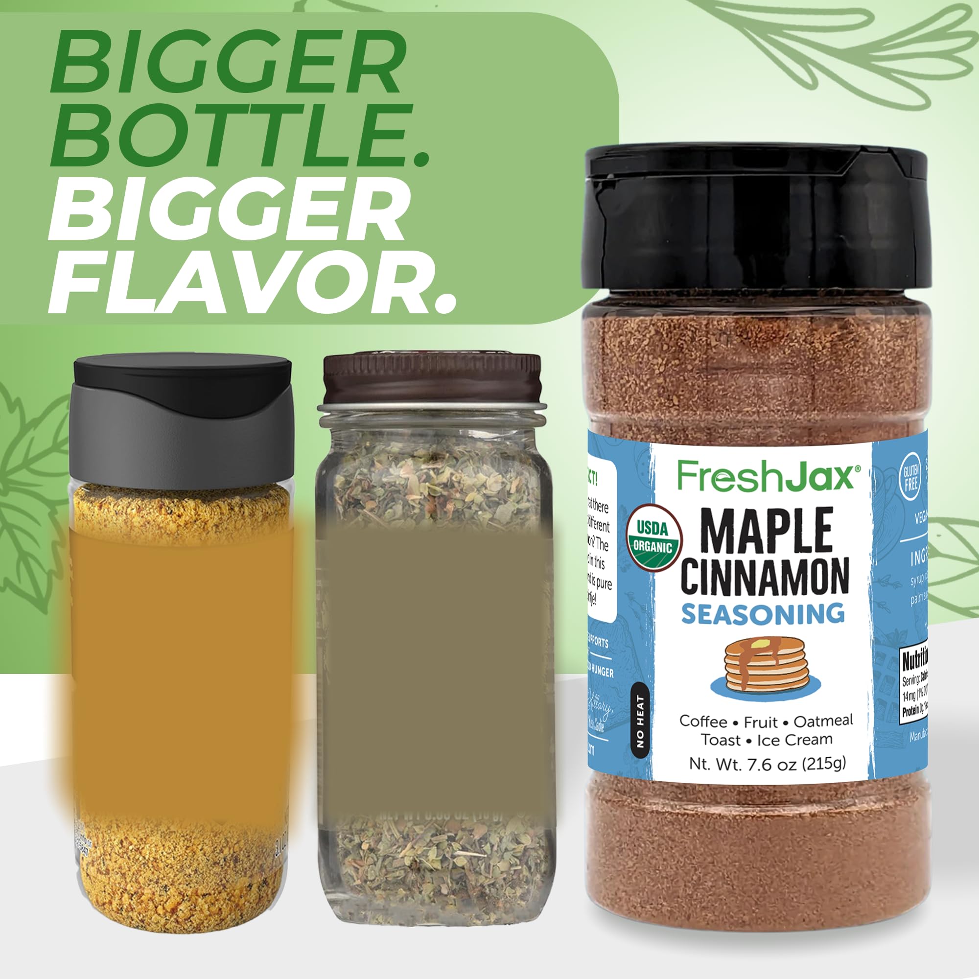 FreshJax 5.6 oz bottle beside a hand to show scale and portable pantry convenience