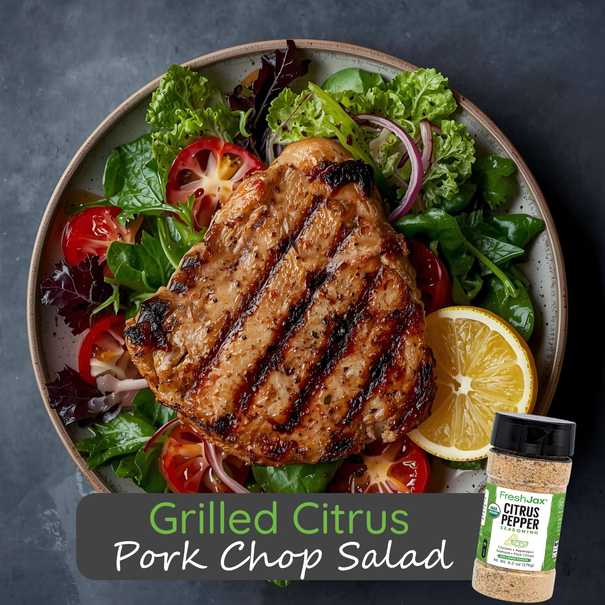 FreshJax seasoning applied to grilled salmon, adds zesty pepper crust