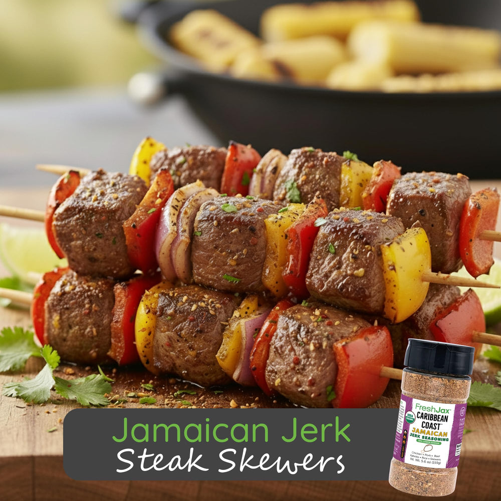 Grilled chicken rubbed with FreshJax Jamaican jerk seasoning showing crisp, caramelized crust