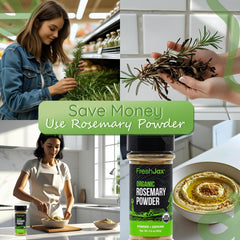 FreshJax rosemary powder on a spoon, precise measuring for consistent flavor