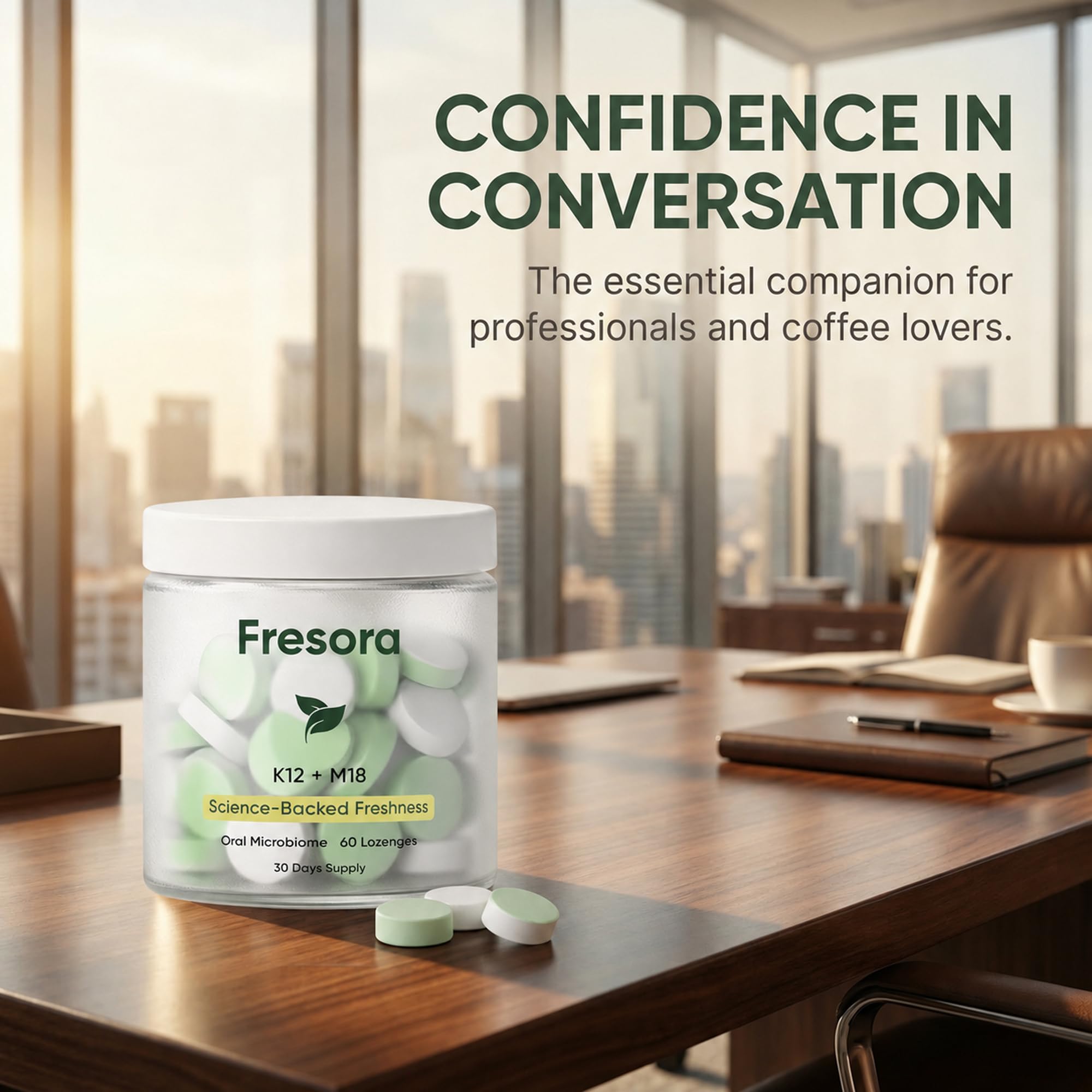 Fresora mints on a work desk illustrating practical freshness for meetings and travel