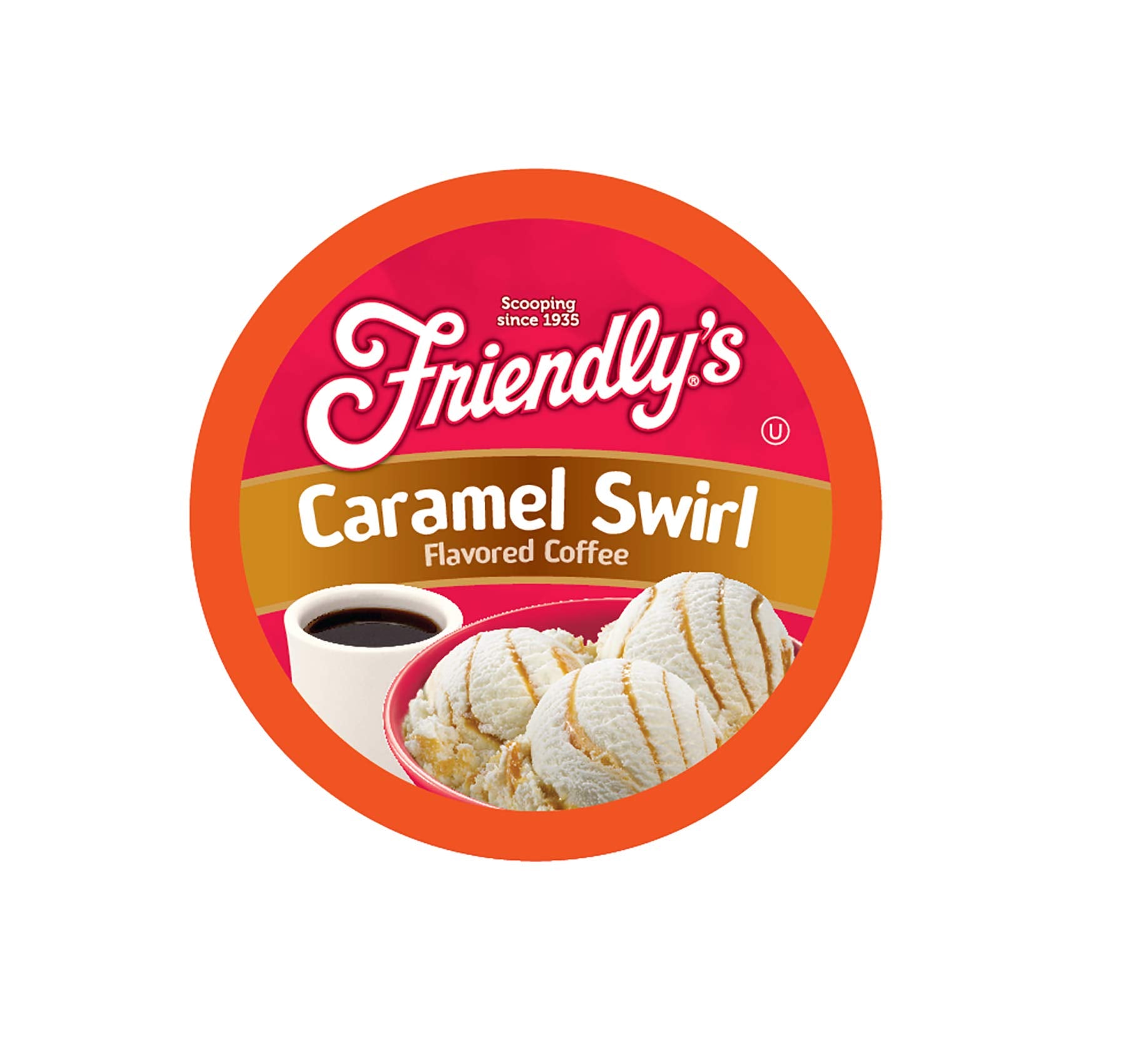 Friendly's front packaging showing caramel swirl pods and count benefit