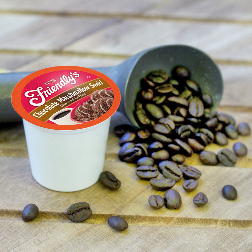 Friendly's label close-up listing 100% Arabica and small-batch roast for quality