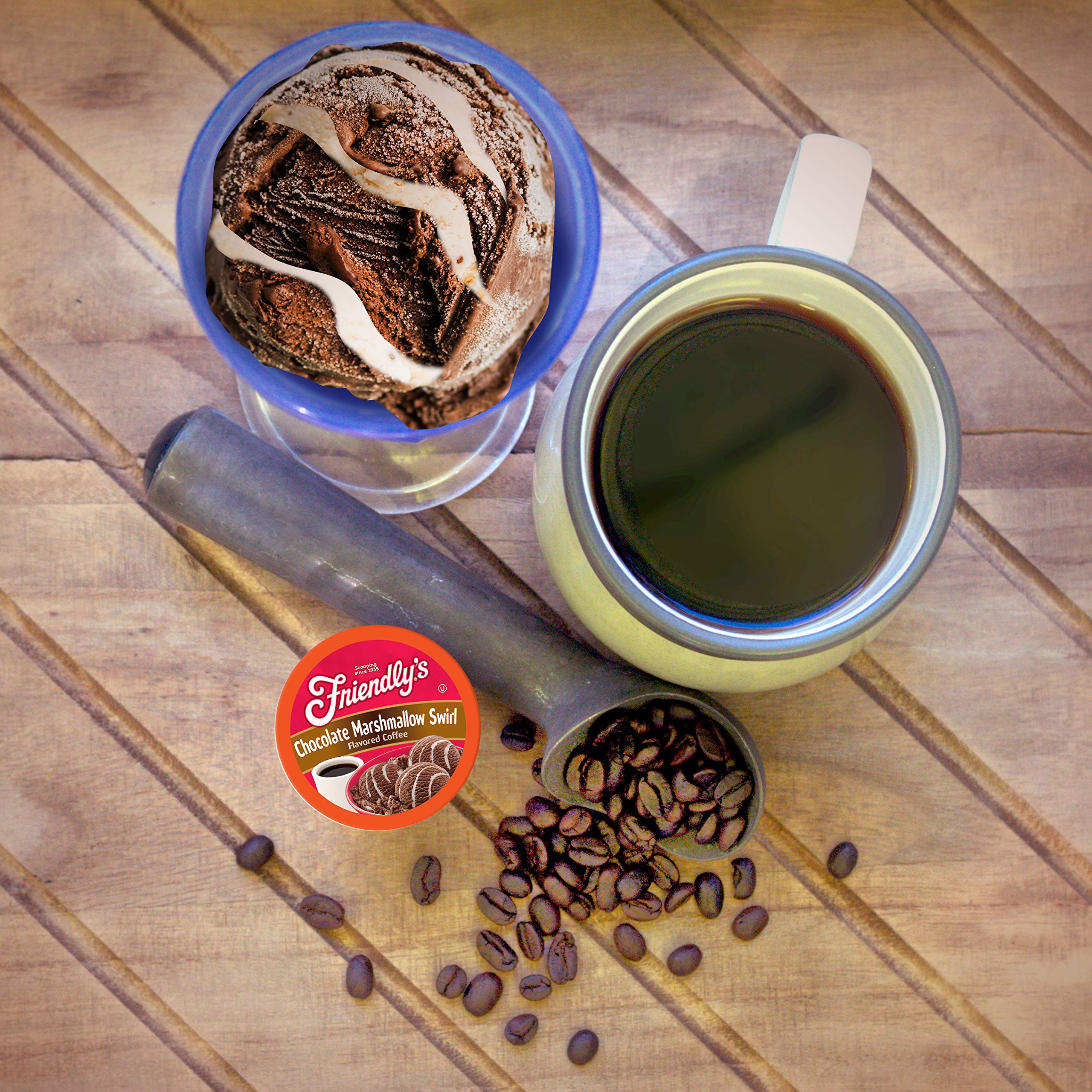 Scattered Friendly's pods on table illustrating 40-count supply and grab-and-brew ease