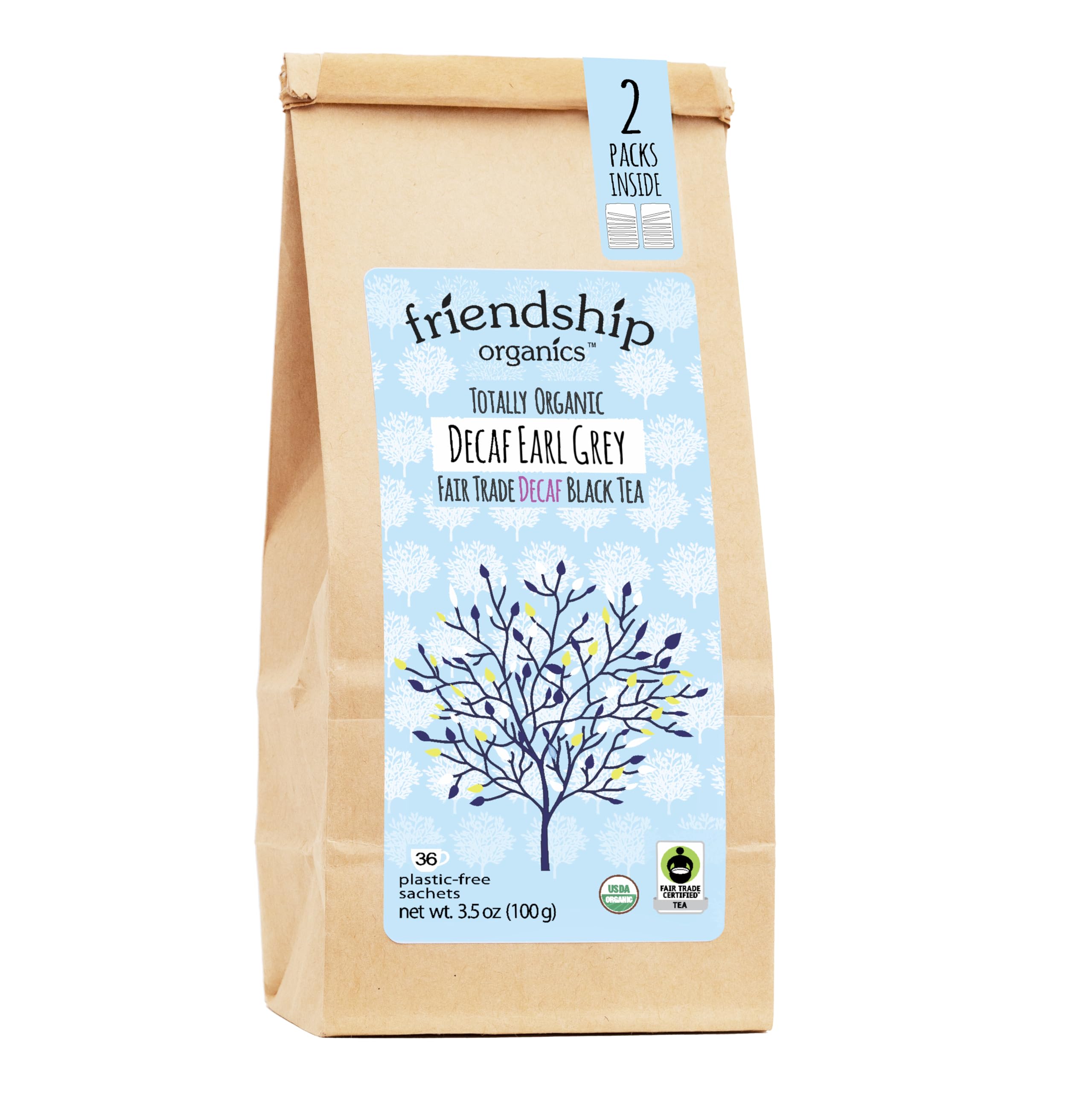 Friendship Organics front packaging showing 36-count Twinpack and certifications, clear benefits
