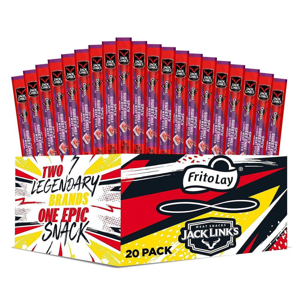 Frito Lay front packaging showing Jack Link's Doritos spicy sweet chili flavor and multipack benefit