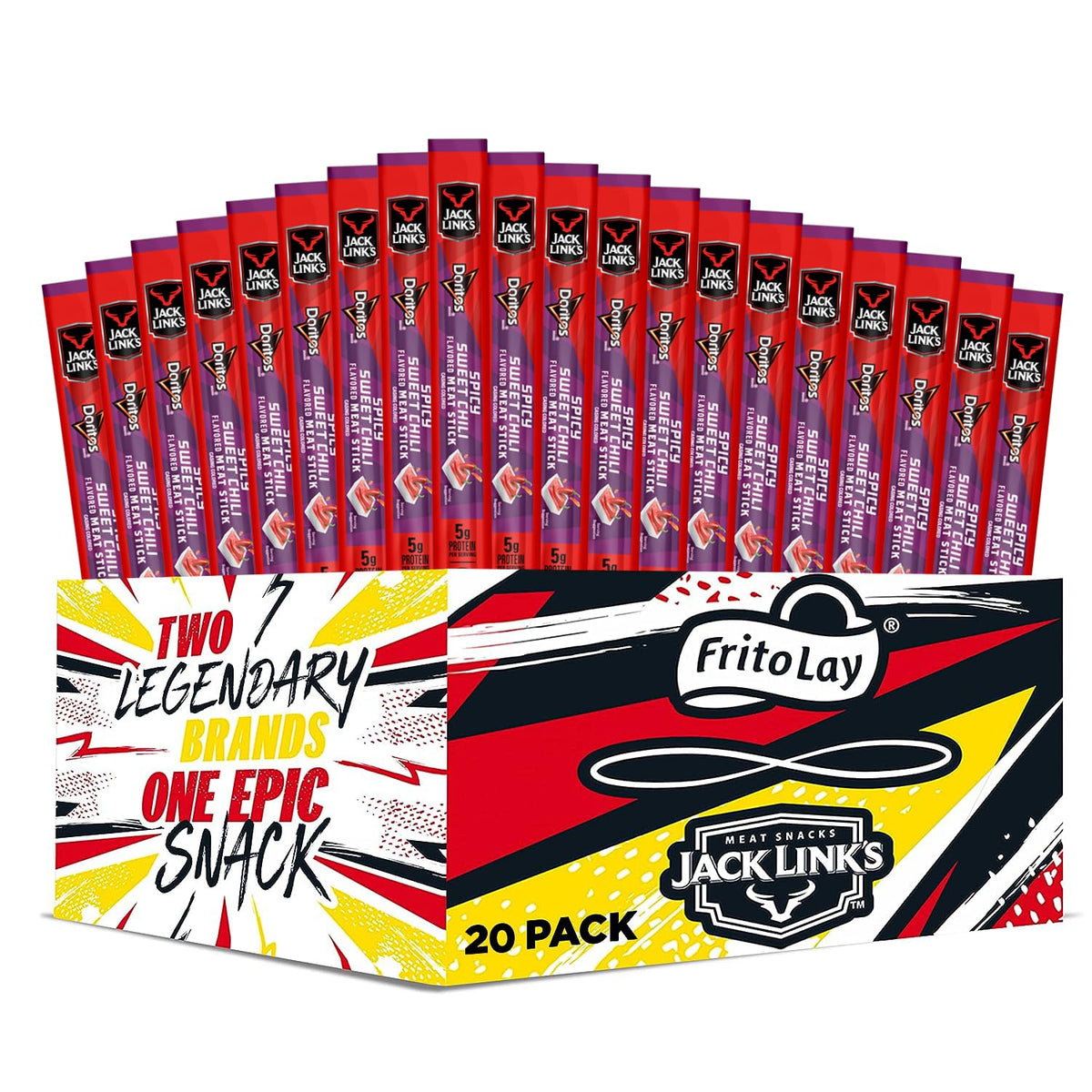 Frito Lay front packaging showing Jack Link's Doritos spicy sweet chili flavor and multipack benefit
