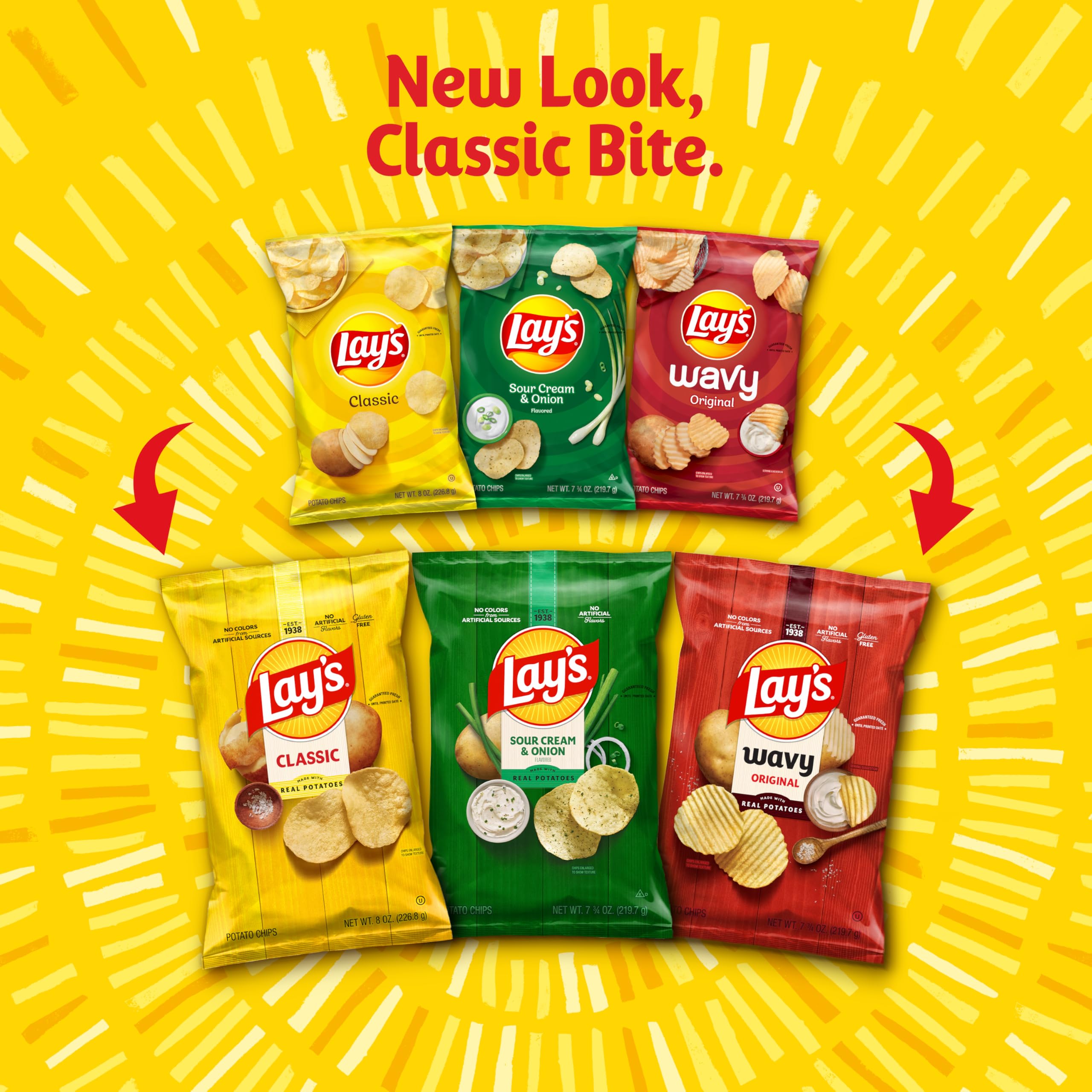 Frito-Lay assorted single-serve bags spread on table for easy selection