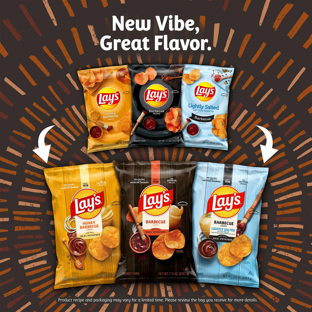 Frito Lay opened variety pack overhead showing mix of individually wrapped BBQ snacks
