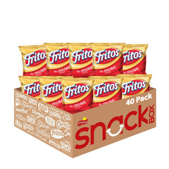 Fritos front packaging showing brand and snack in convenient single-serve bags for portability