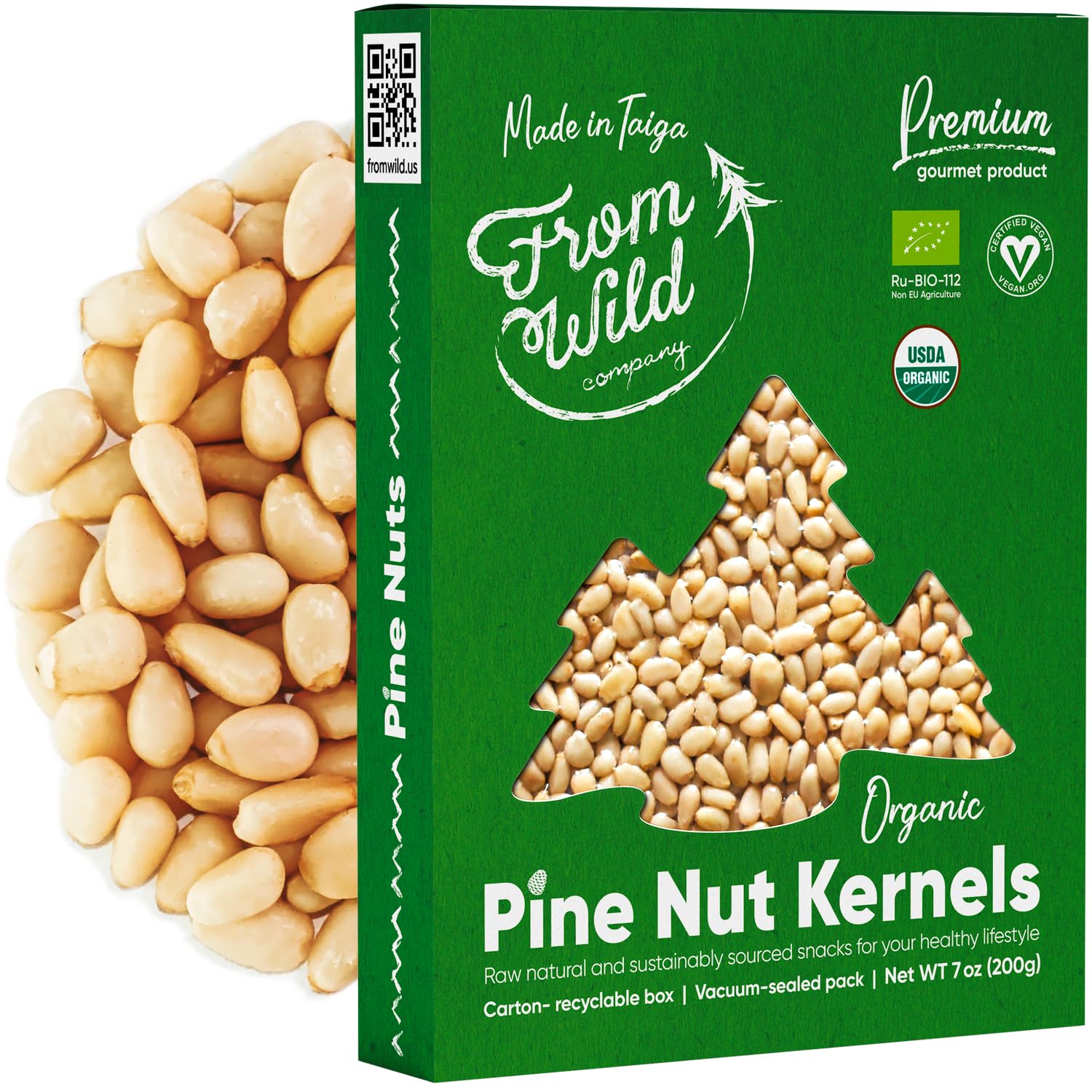 FROM WILD front packaging showing 7oz organic pine nuts and freshness benefit