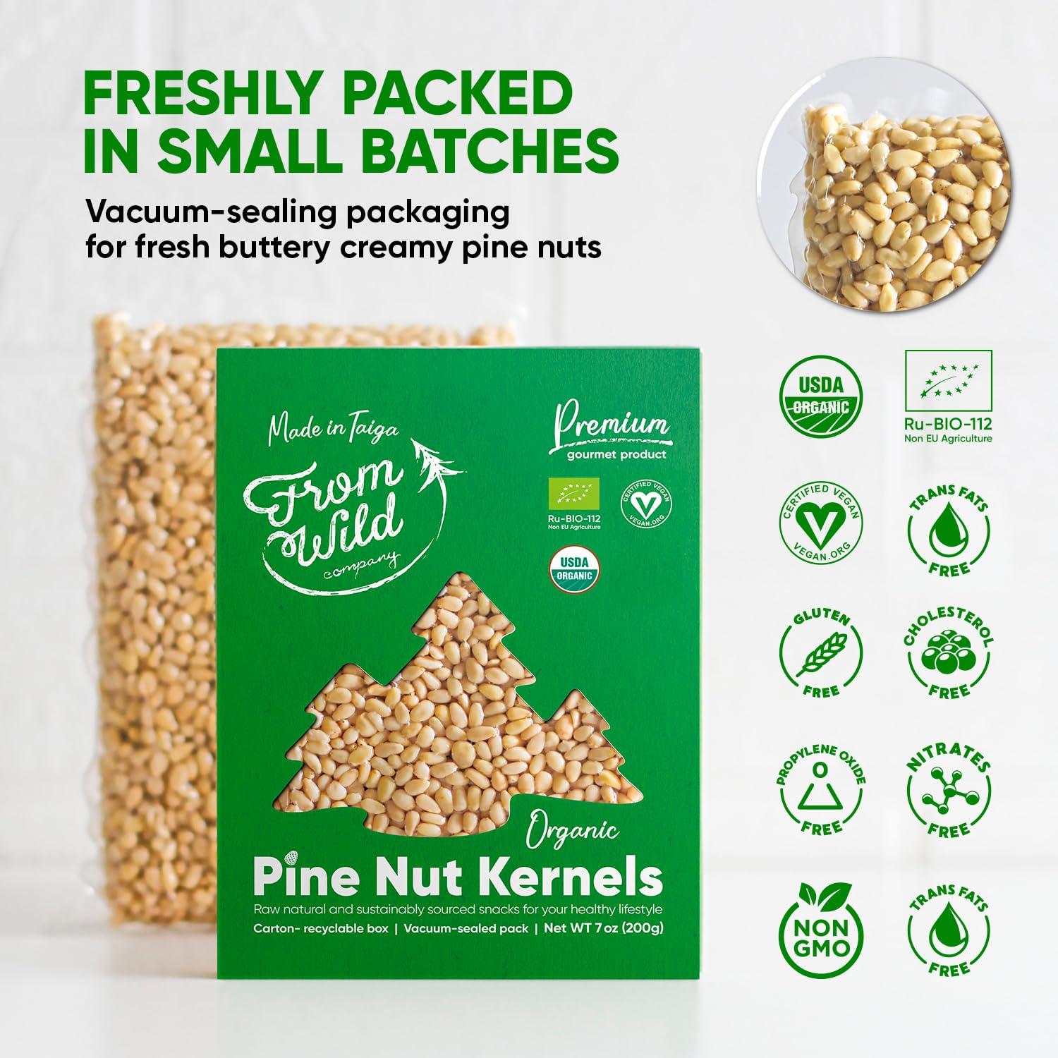 FROM WILD pine nuts in a ceramic bowl ready to use, convenient cooking benefit