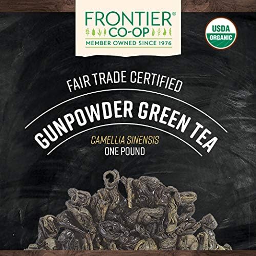 Frontier Co-op close-up of tightly rolled gunpowder leaves, showcases concentrated flavor
