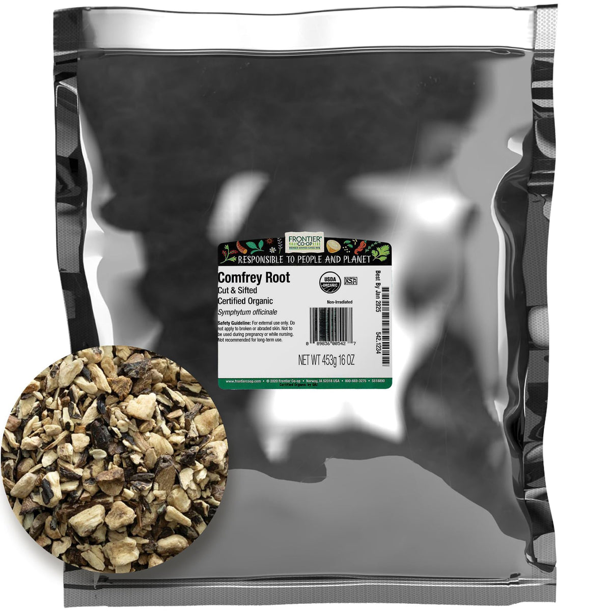 Frontier Co-op comfrey root front of bag showing label and certifications for easy identification