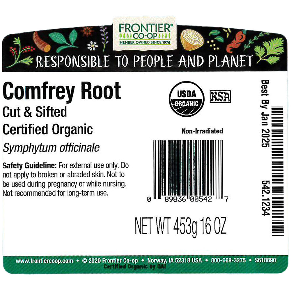 Frontier Co-op comfrey root close-up of cut-and-sifted particles highlighting consistent texture