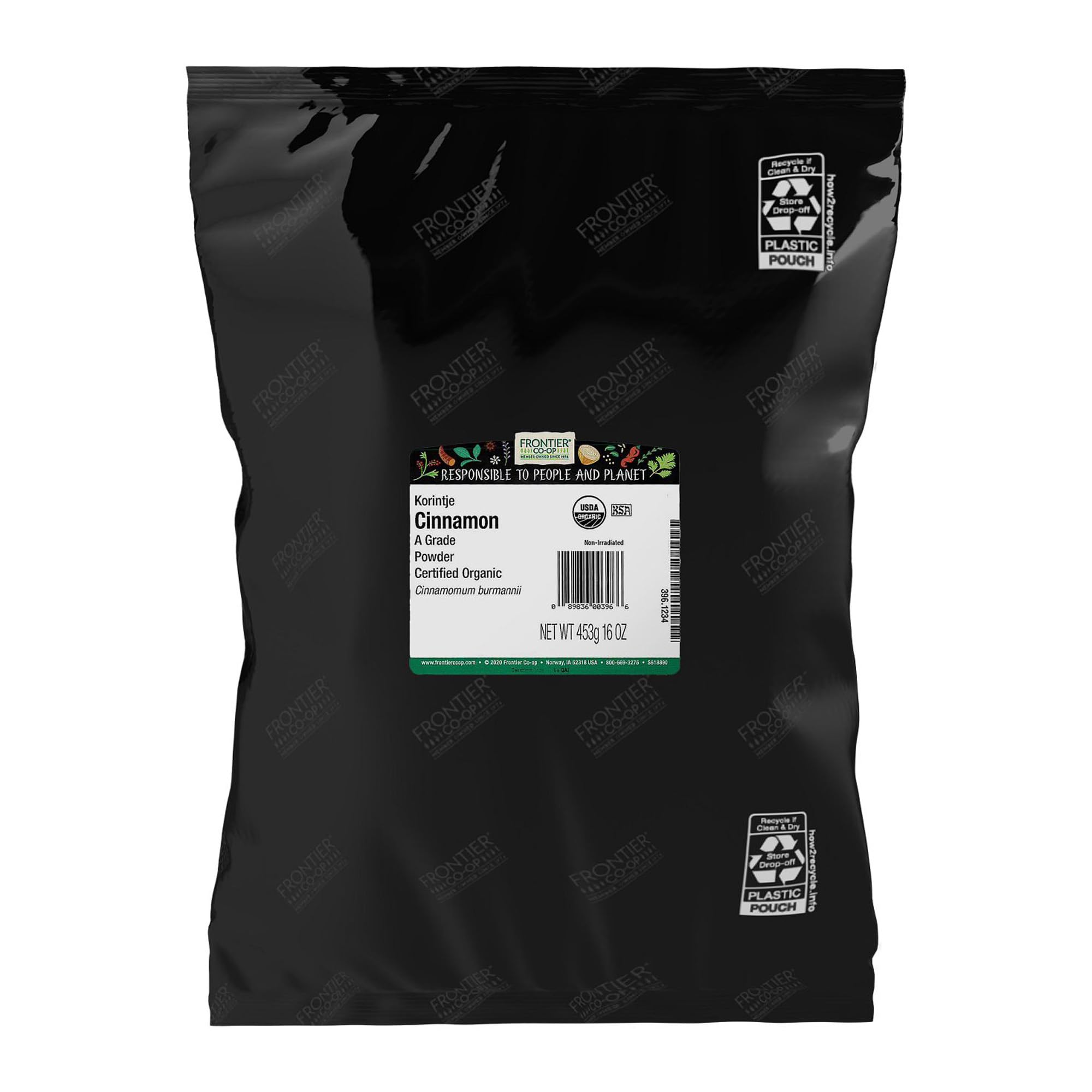 Frontier Co-op Korintje cinnamon front packaging showing size and organic label benefit