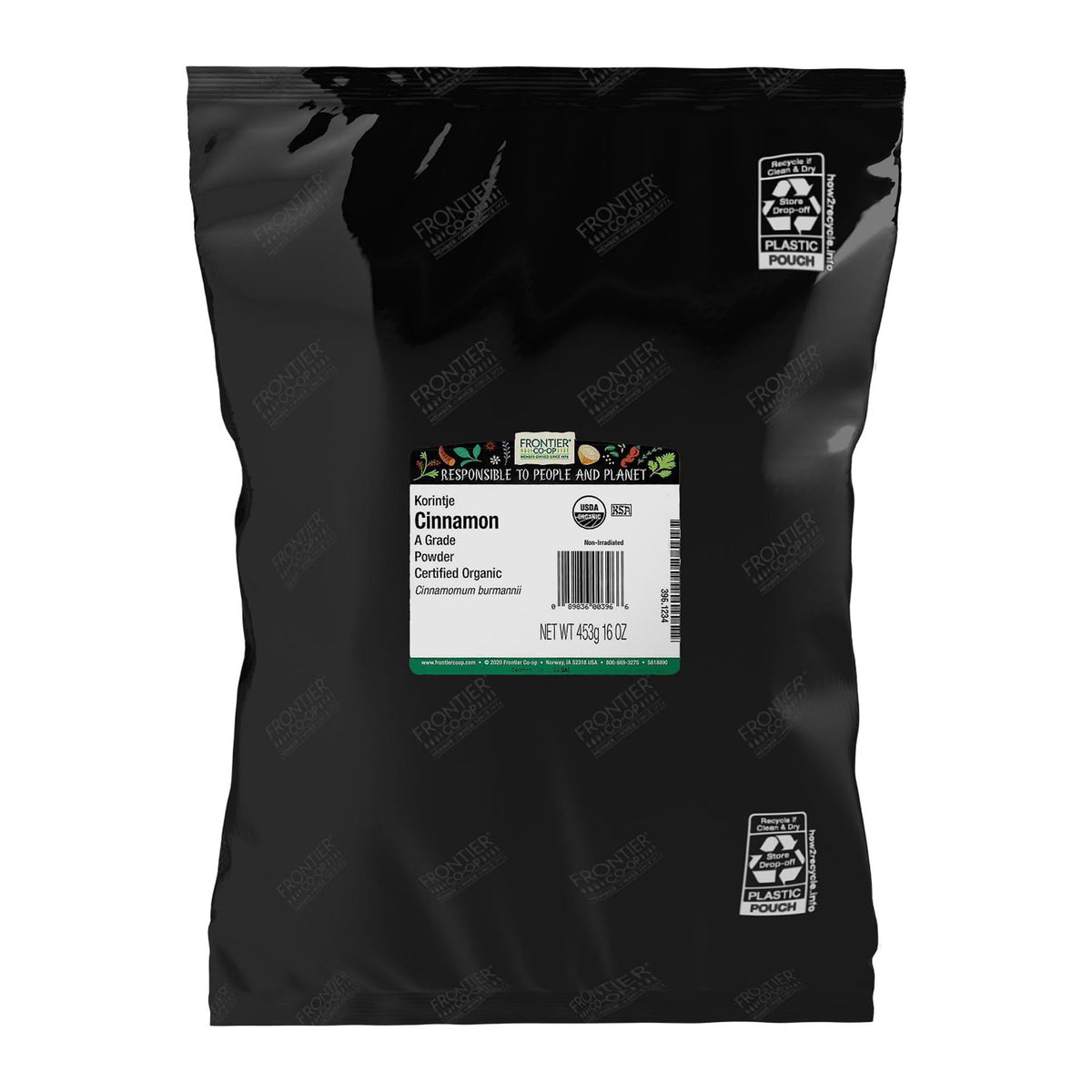 Frontier Co-op Korintje cinnamon front packaging showing size and organic label benefit